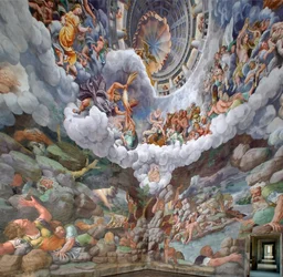 Zeus omgiven av andra gudar från Olympen kastar blixtar mot jättarna och förstör dem, valv och södra och västra väggarna, jättarnas kammare (Sala dei Giganti)