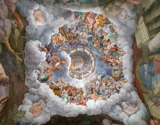 Zeus omgiven av Olympens övriga gudar kastar blixtar mot jättarna och förintar dem, valv samt syd- och västväggar, Jättarnas sal (Sala dei Giganti)