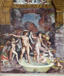 Room of Psiche, norra väggen: Venus och Mars badar; Eros och några amoriner deltar i gudinnans bad (fresk)
