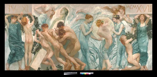 Diptyk: festen (la sagra) - Målning av Giulio Aristide Sartorio (1860-1932) 1906 Dim 180,5 x 398,5 cm Privatsamling (Diptyk, målning av Giulio Aristide Sartorio Privatsamling)