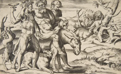 En berusad Silenos ridande på en åsna, stödd av satyrer, 1531-76