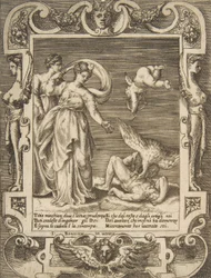 En gam som äter Titius inälvor, Amor ovanför två kvinnor till vänster, satt inom en..., 1531-76.