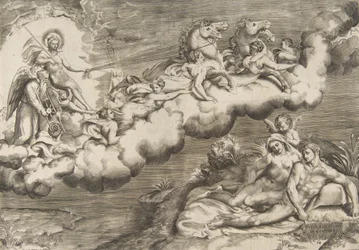 En allegori över den uppgående solen, en naken man som bär en hölje och åtföljd Fader Tid..., 1531-76.