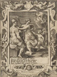 Athena satt nära Juno som har tagit bort Amors pilar, satt inom en utarbetad ram..., 1531-76.