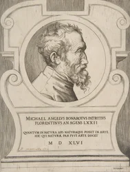 Bystporträtt av Michelangelo vänd åt höger, placerad i en kartusch., 1546.