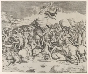 Konstantin besegrar tyrannen Maxentius, änglar som bär svärd flyger ovanför, 1544., 1544.