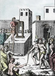 Dödsstraff: verkställandet av en dödsdom med förfadern till giljotinen (maskin en dekollation) i Italien kallad Mannaia och designad av Achille Bocchi, 1555”” Gravyr av Giulio Buonasone (Bonasone) (1498-1574) (Representation av Manna