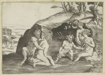 Tre nymfer och två satyrer som badar