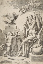 Fader Tid till höger lutad på en lie, tre nakna pojkar och örn till vänster, 1..., 1531-76.