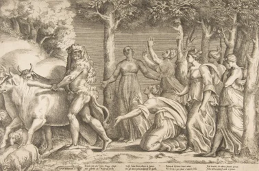 Herkules driver bort boskapen i Geryon, till höger är nymferna från Hesperides, ..., 1531-76.