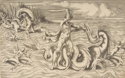 Hercules slåss mot en drake i mitten, Achelous bär bort Deianeira uppe till vänster, 1531-76.