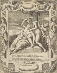 Ixion omfamnar ett moln och tror att det är Juno, Amor till höger, utspelad i en elabora..., 1531-76.