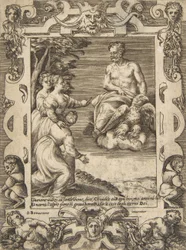 Juno till vänster ber Jupiter att hjälpa grekerna, satt inom en utarbetad ram, från 