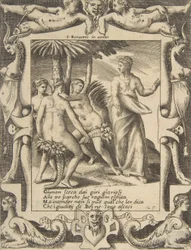 Juno till höger vänder sig och talar till öden, placerad inom en utarbetad ram, fr..., 1531-76.