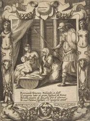 Juno övertalar Athena att vårda den unge Hercules, placerad inom en utarbetad ram, från..., 1531-76.