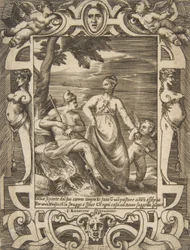 Jupiter till vänster i form av en herde åtföljd av Mnemosyne, utspelad i en elabo..., 1531-76.