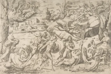 Mars och Rhea Silvia: i mitten håller Mars en sköld och svärd, Rhea Silvia sover..., ca 1531-76.