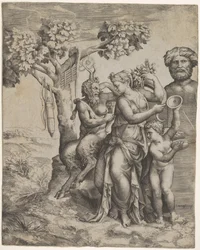 Pan sitter nära en kvinnlig figur som håller ett ymnighetshorn en nymf eller Pomona, till höger ..., ca. 1550-60.