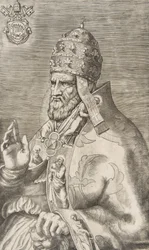 Porträtt av påven Marcellus II, höger hand upphöjd mot vänster, ca. 1555.