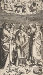 Sankta Cecilia står i centrum tillsammans med Sankt Paulus, Magdalena, Sankt Johannes ..., 1531.