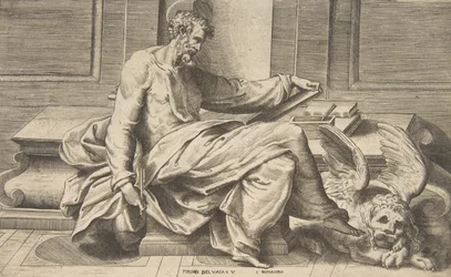 Sankt Markus skriver sitt evangelium, bevingat lejon till höger, 1531-76.
