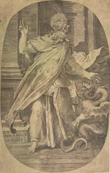 St Paul övervinner huggormen, i en arkitektonisk miljö, en oval komposition, ca. 1540-70.