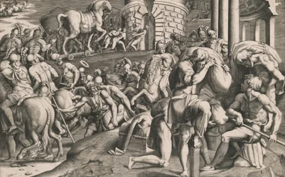 Trojanerna drar trähästen in i staden, 1545.