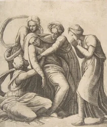 Jungfrun svimmar och får stöd i de heliga kvinnornas armar, 1531-76.