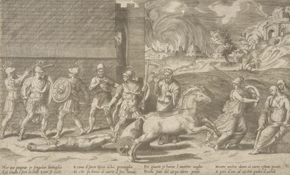 Striden mellan Hector och Achilles, och Achilles som släpar Hectors kropp runt ..., 1531-76.