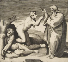 Skapelsen av Eva som kommer fram bakom Adam, ca. 1530-70.