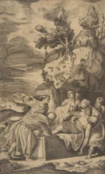 Kristi gravläggning, korsen på Golgata synliga i vänster bakgrund, 1563.