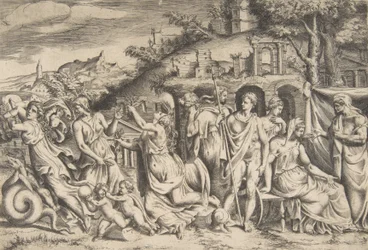 Berättelsen om Jason och Medea till vänster bär hon av sin son, i mitten är hon ..., 1531-76.