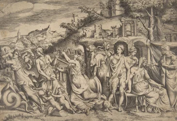 Berättelsen om Jason och Medea till vänster bär hon av sin son, i mitten är hon ..., 1531-76.