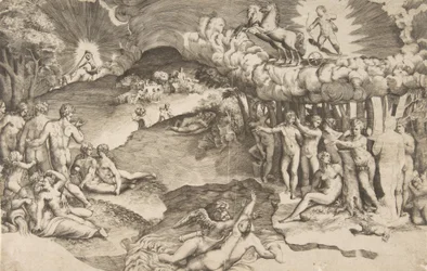 Kärlekens triumf, cupid som åker på en vagn dragen av enhörning är uppe till höger, naken ..., 1545.