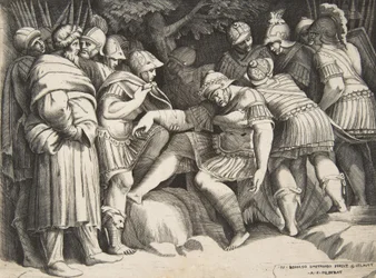 Den sårade soldaten Scipio i centrum omgiven av figurer, 1531-76.
