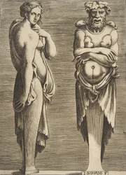 Två termer, en nymf till vänster Silvanus till höger, ca. 1530-50.