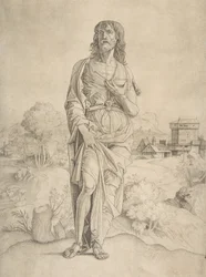 Johannes Döparen står i landskapet, figurer och byggnader i bakgrunden..., ca. 1505-10.