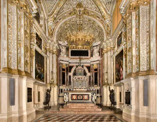 Chapel of the SS Sacramento 1569, Francesco Dattaro Project, dekoration av Giovanni Battista Cambi, Ancona av SS Giulio Campi, förnyelseprojekt Malosso