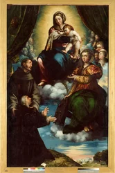 Madonnan och barnet, Saint Catherine of Alesandria, Saint Francis och Pietro Martire Print