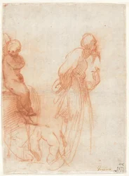 a) Studier av figurer och en hand (recto); b) Studier av en tjur (verso), ca 1530 (rödkrita på papper)