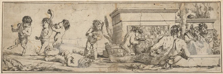 Bacchanal med spädbarnssatyrer och putti till vänster, en naken mansfigur lutar sig framför o..., 1633-78.