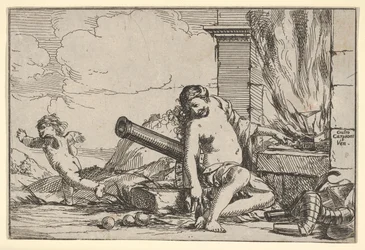 Eld, representerad av Venus sittande framför Vulcans smide, med rustning, en kanon och kanon..., 1640-60.