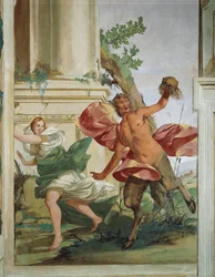 Nymf Korsika jagad av Satyr som drar bort hennes peruk av Giulio Carpioni
