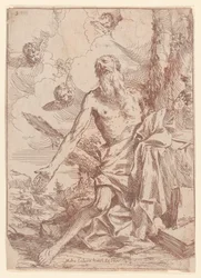 Saint Hieronymus knäböjer bredvid ett träd med armarna utsträckta, 1640-60.