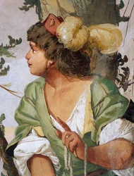 Shepherd Sylvius av misstag sårar nymfen Dorinda och blir kär i henne, fresk av Giulio Carpioni, inspirerad av pastoralspelet Den trogna herden, av Giovanni Battista Guarini, Villa Caldogno, Caldogno, Veneto, Italien.