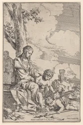 Den heliga familjen med spädbarnet Saint John kysser Kristi fötter, 1640-60.