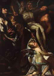 Nedtagningen från korset med heliga Maria Magdalena, Augustinus, Hieronymus och änglar, ca 1618 (olja på duk)