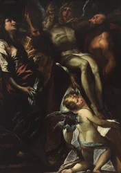 Nedstigningen från korset med de heliga Maria Magdalena, Augustinus, Hieronymus och änglarna, ca. 1618