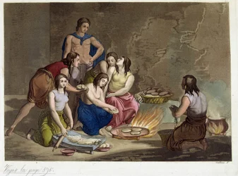 Forntida mexikaner bakar bröd - i ""antik och modern kostym"", av Ferrario, red. Milano