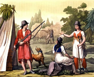Bryggare och kvinnor flibustier: piraten Jack Rackham säger att Red eller John Rackham, mer känd som Calico Jack (? -1720) representerad med Anne Bonny (Bonney) och Mary (Marc) Read i Västindien. Tallrik hämtad från ""Den gamla och moderna kostymen"" av F